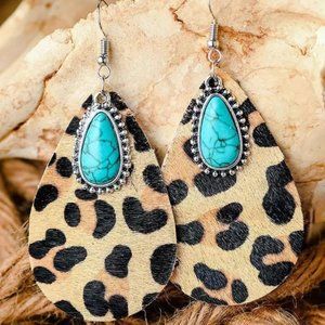 Cowhide Turquoise Western Earrings Cheetah Print